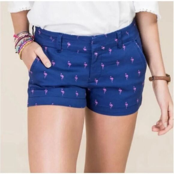 HARPER | 3" Chino Shorts Mid Rise in Navy Blue and Pink Flamingo Print | Small - Picture 1 of 7